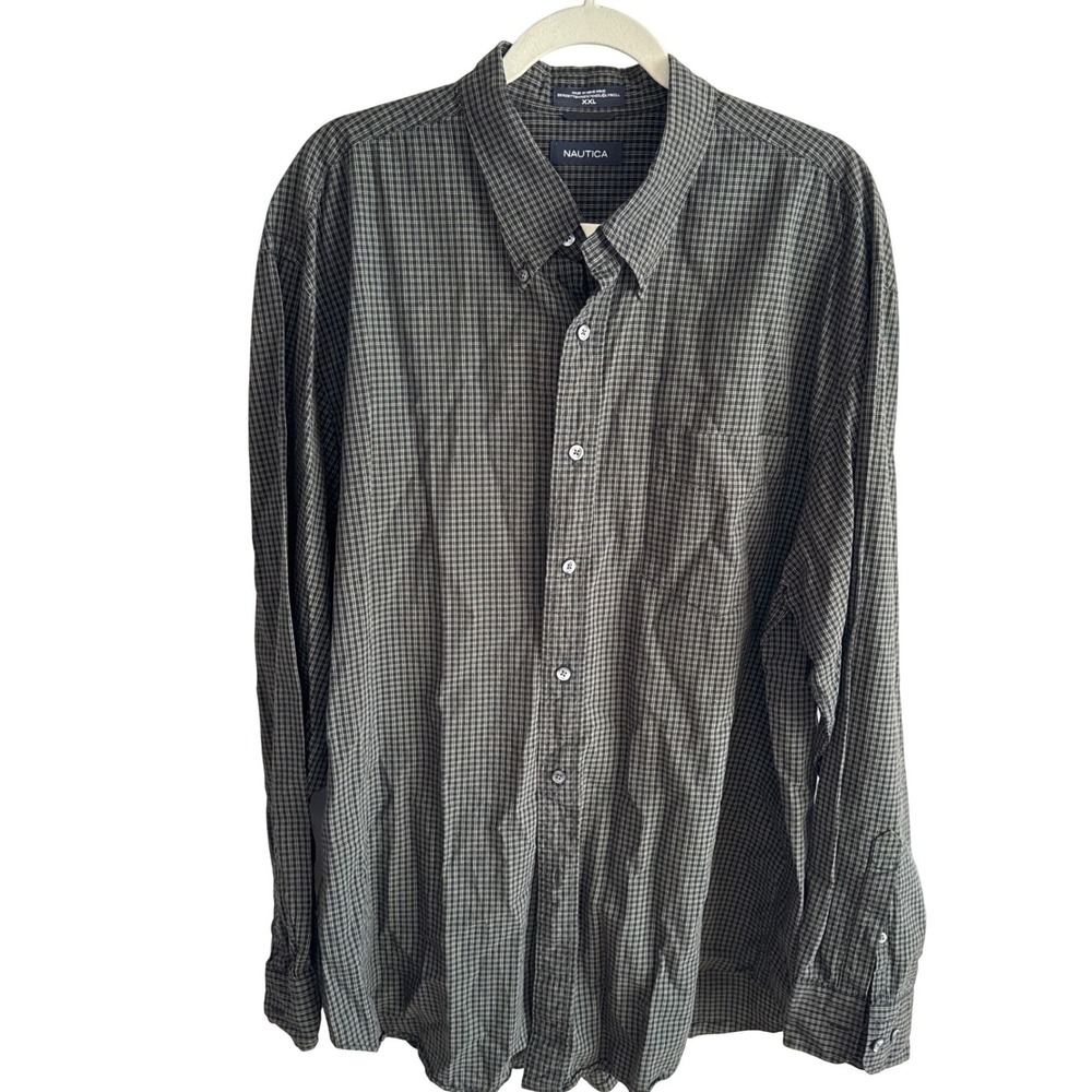 Nautica Mens XXL‎ Olive Green Plaid Button Down Shirt Cotton Tencel Long Sleeve